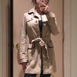 Leather Trim Beige Trench Coat